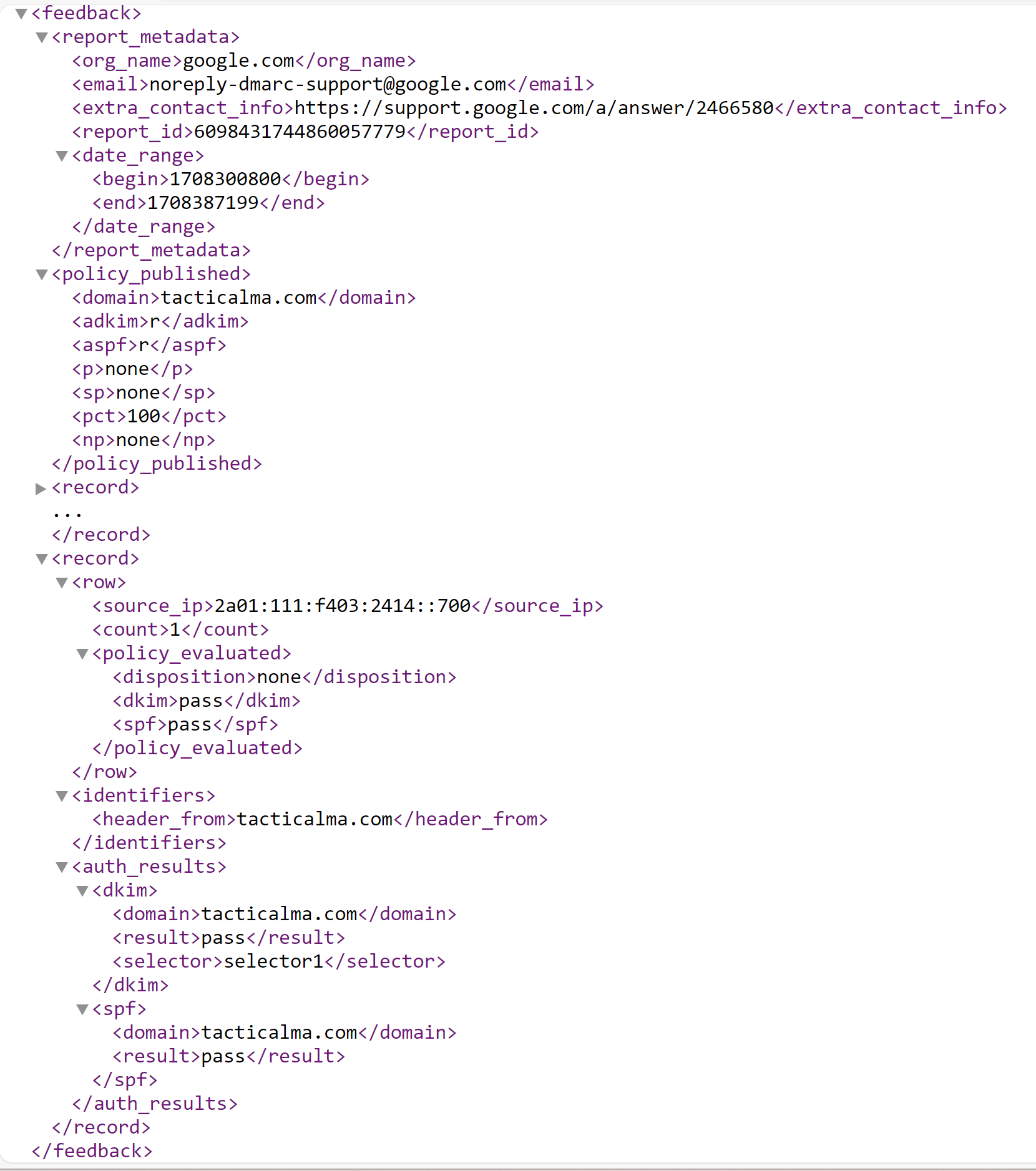 A raw DMARC XML report opened in a plain text editor