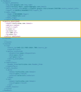 The policy configuration section of a DMARC report