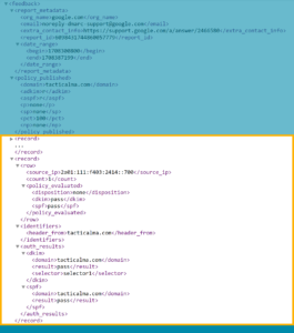 The records section of a DMARC report listing sending IP addresses and authentication results