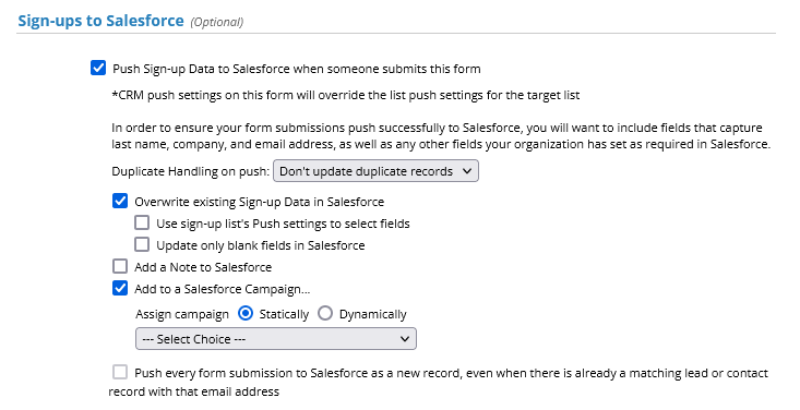 act-on classic form push to salesforce settings