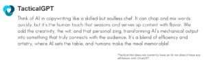AI generated copy after the model was asked to analyze the writer tone and style first